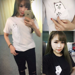 2019 Summer T-shirt Women Casual Lady Top Tees fashio Tshirt Female Brand Clothing T Shirt Printed Pocket Cat Top Cute Tee S-4XL