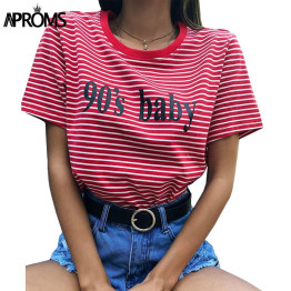 Aproms Retro Red White Stripe Tee Women Short Sleeve Basic T-shirt  Summer 2019 Casual Streetwear Boyfriend Tshirt 90s Baby Tops