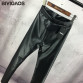 BIVIGAOS Fashion Women PU Leather Pants High Elastic Waist Leggings Not Crack Slim Leather Leggings Skinny Fleece Trousers Women