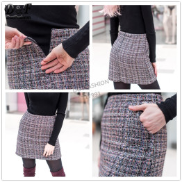 Dotfashion Zip Back Tweed Winter Skirt Women 2019 New Arrival Multi Plaid Cute Bottoms For Ladies A Line Short Skirt