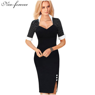 Nice-forever Polka Dots Elegant Women Patchwork Buttons Square Neck Sheath Dress business Wear to Work Split Pencil dresses b4732315292676