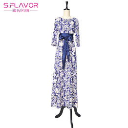 S.FLAVOR Brand Women long Dress hot sale 2017 Spring Summer Russian Style Print Dresses Long Floor-Length  Elegant vestidos