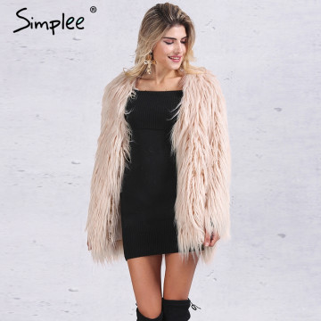 Simplee Elegant faux fur coat women Fluffy warm long sleeve female outerwear Black chic autumn winter coat jacket hairy overcoat