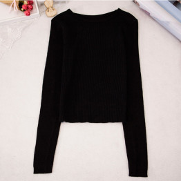 Tops Women O-neck Long Sleeve Clothing Crop Top Feminine White Black Knitted Cropped Tops For Women T Shirt Wholesale
